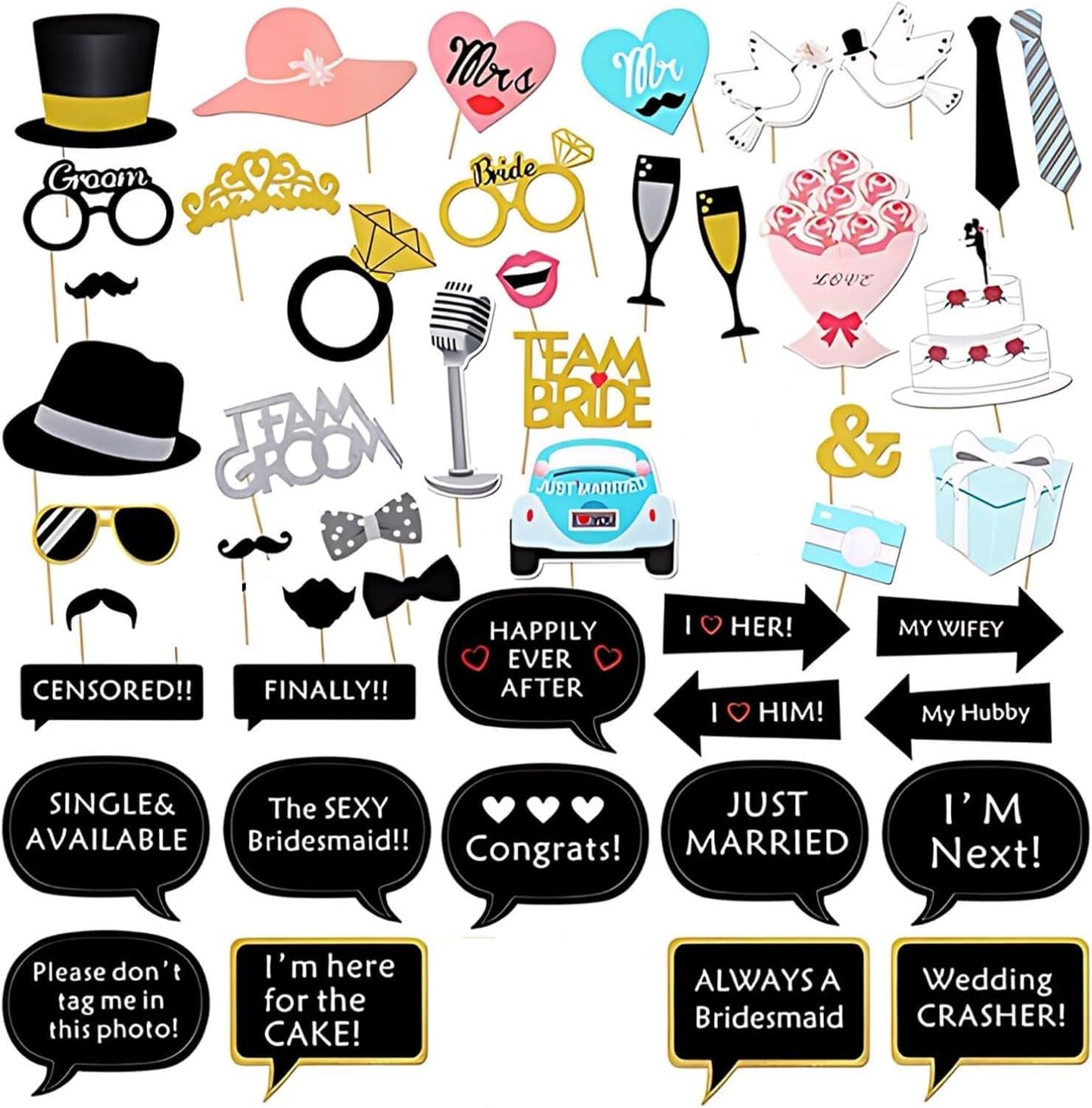 52Pcs Wedding Photo Booth Props Kit for Bridal Shower, Engagement and Valentines Party